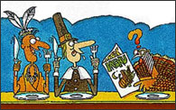 Illustration shows a Native American, a pilgrim and a turkey at a dinner table