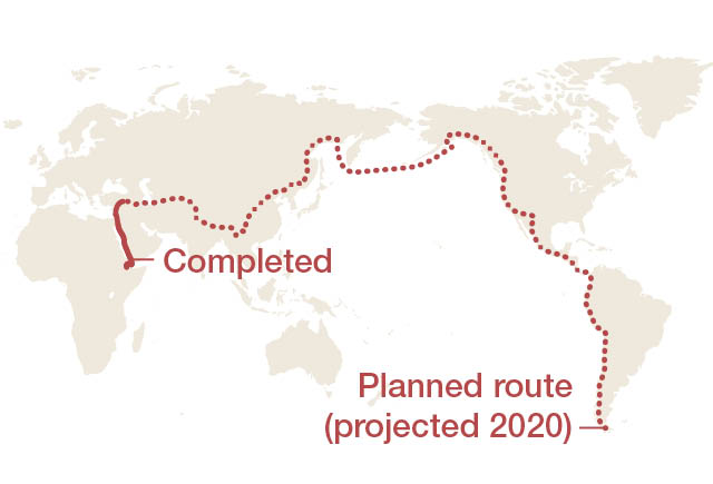 Map of Paul Salopek's planned route for his Out of Eden project