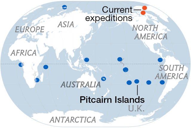 Map of National Geographic Pristine Seas expeditions around the world