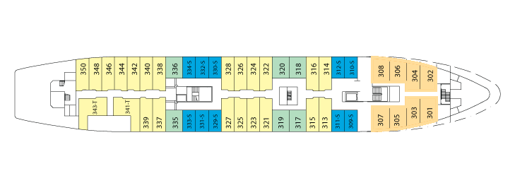 A map of the National Geographic Explorer Main Deck with 2 rows of cabins numbered 301 to 350