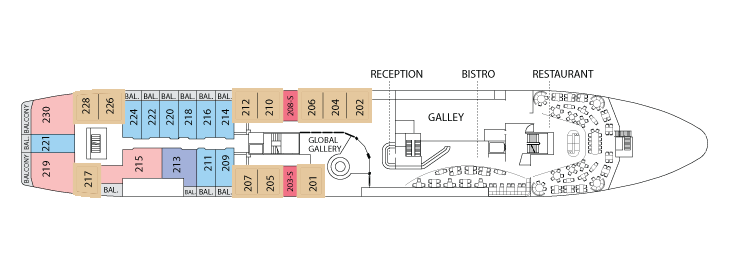 A map of the National Geographic Explorer Upper Deck with cabins 201 to 230, a Galley and a bistro