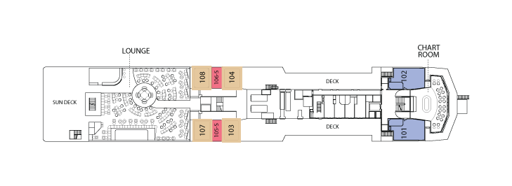A map of the National Geographic Explorer Veranda Deck with cabins 101 to 108, a sun deck and lounge