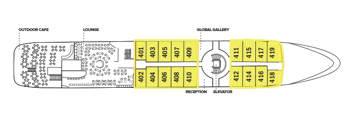 A plan of the National Geographic Orion Upper Deck with a lounge, cabins 401 to 419 and more