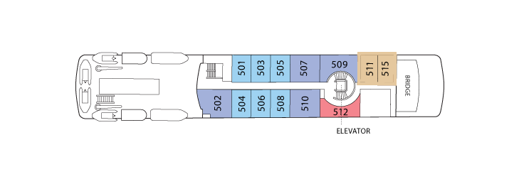 A plan of the National Geographic Orion Bridge Deck with cabins 501 to 515, an elevator and more