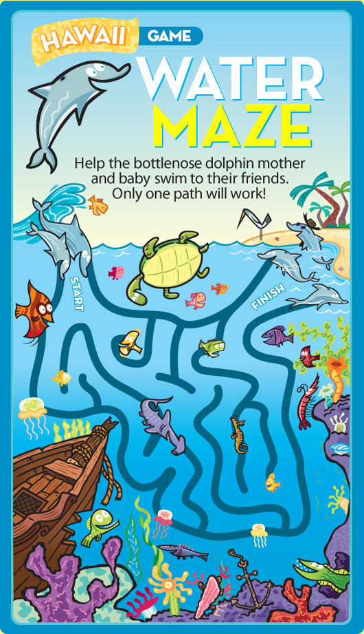 Art shows a printable water maze that includes the following text: Help the bottlenose dolphin mother and baby swim to their friends. Only one path will work!